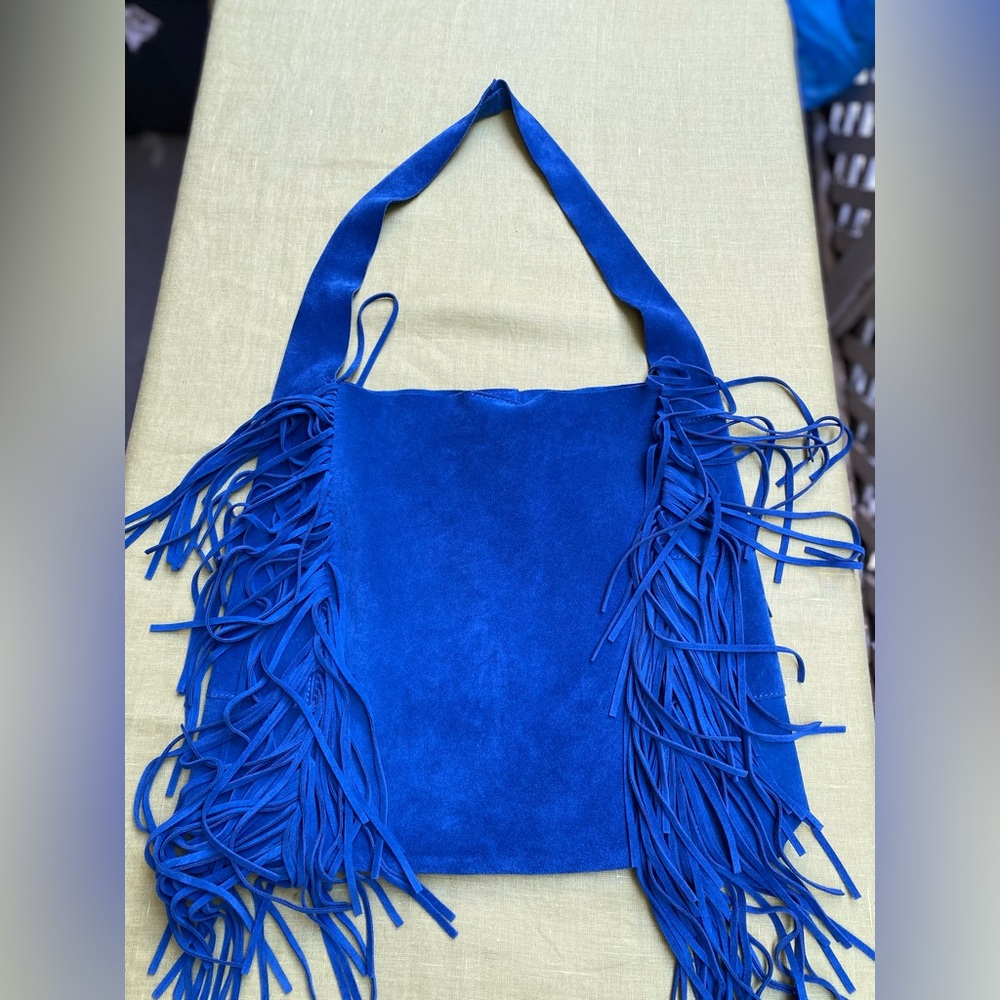 Claudia Firenze Blue Emma Fringed Italian Suede Leather Shoulder Boho Western - Picture 2 of 12